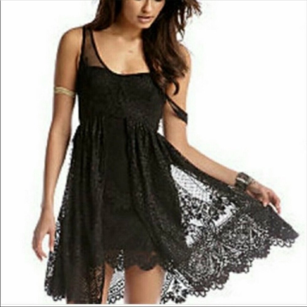 Free People Womens Salinas Lace Foil Split Skirt Sleeveless Dress Black 2 EUC